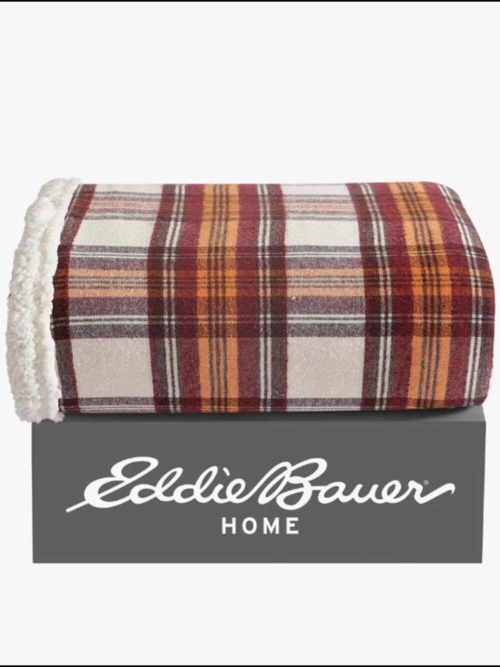 NWT Eddie Bauer Edgewood Plaid, Red, Sherpa Backed Throw, 50" W x 60" L
